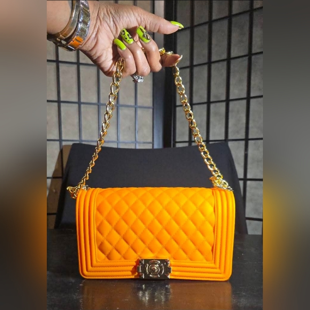 Vibrant Orange Jelly Shoulder/ Crossbosy Bag with Gold Chain And Solid Strap